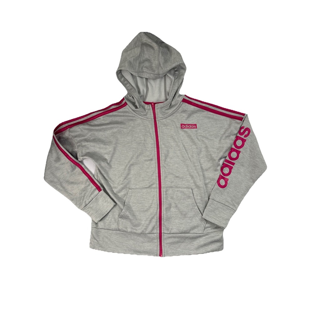 Adidas Girls Three Stripe‎ Track Jacket Full Zip Hoodie Gray & Pink Size XL 16